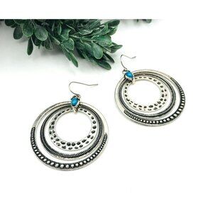Bohemian Vintage-Style Silver-Tone Hoop Earrings With Blue Stone Accents  by Pre